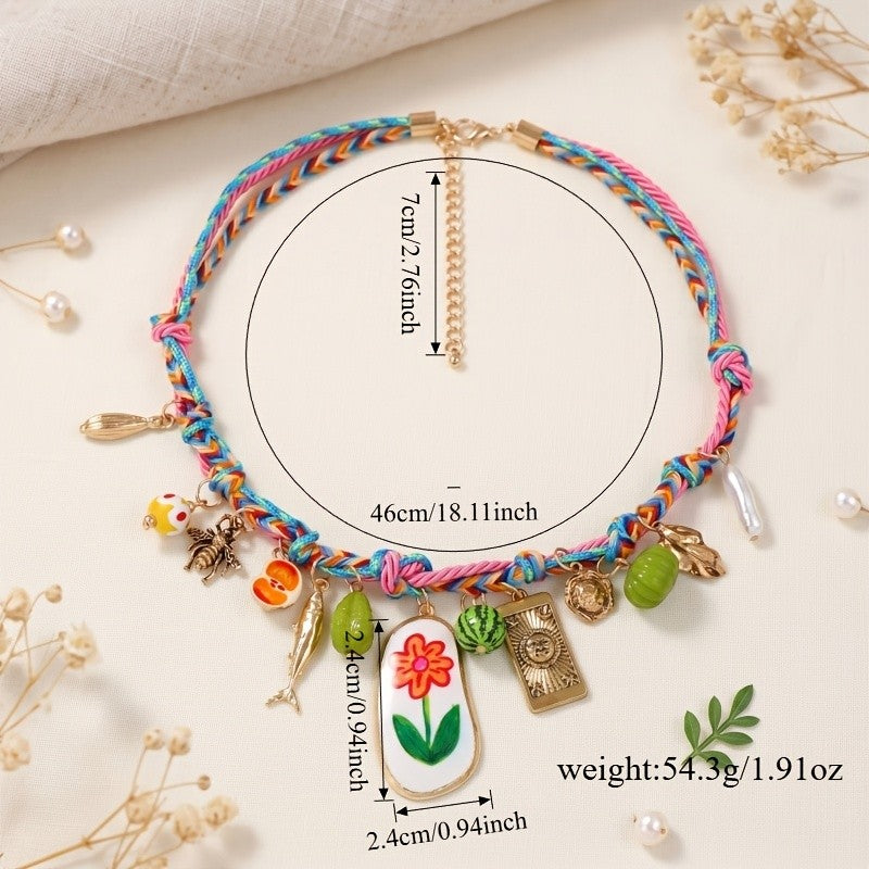 Boho Woven Fruit Flower Charm Necklace