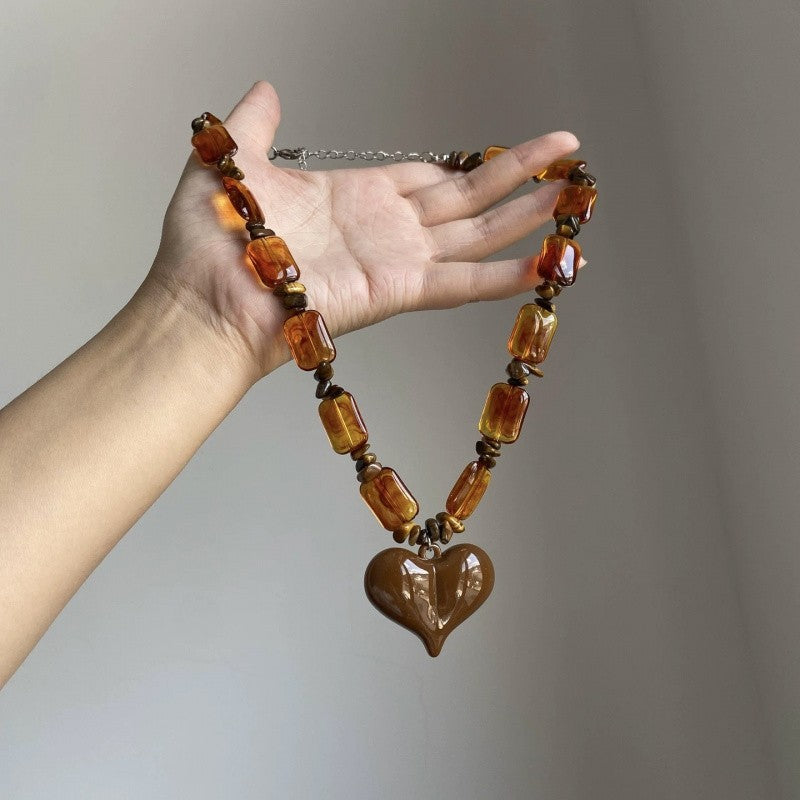 Boho Amber Rectangular Bead Heart Necklace