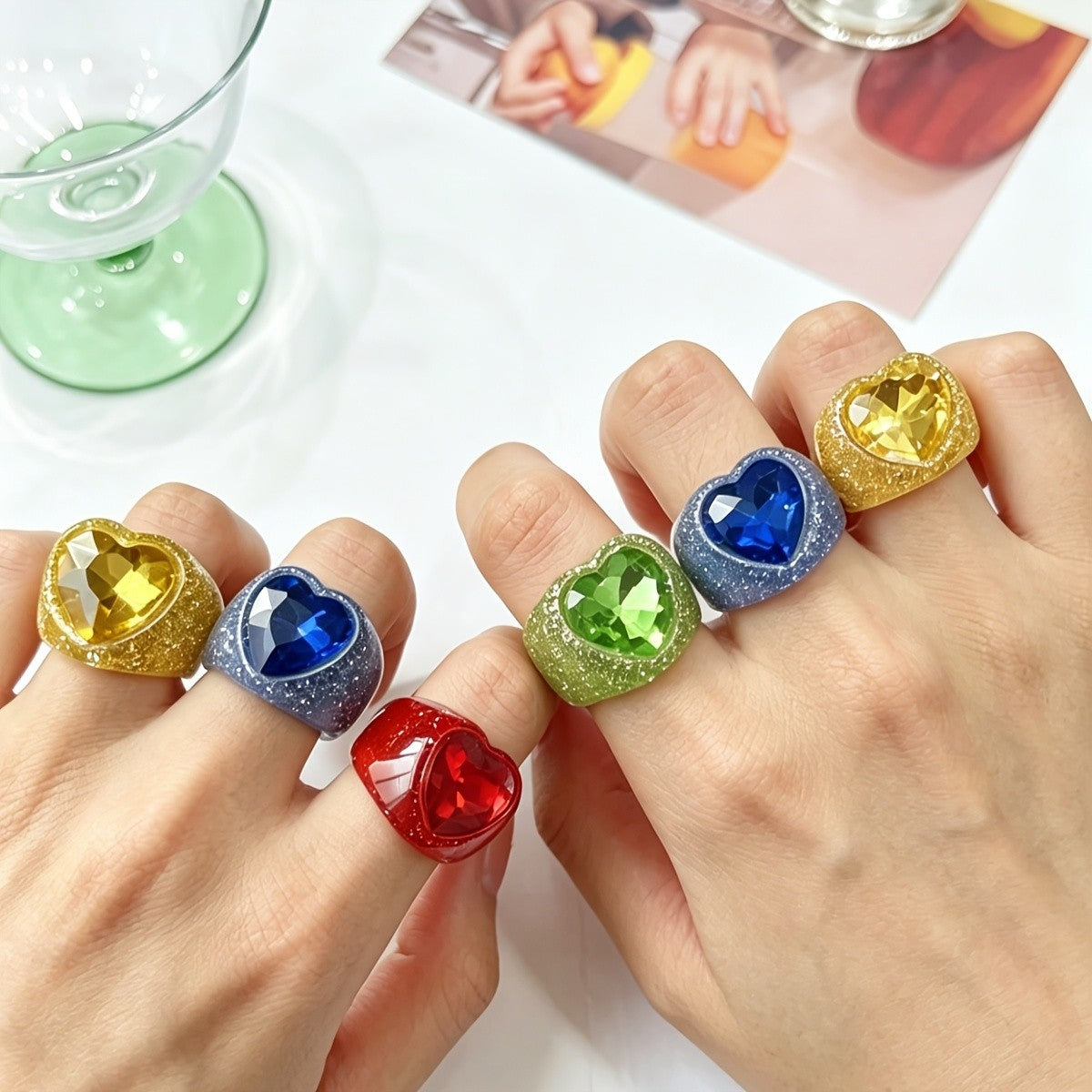 5pc Boho Glitter Heart Resin Ring Set