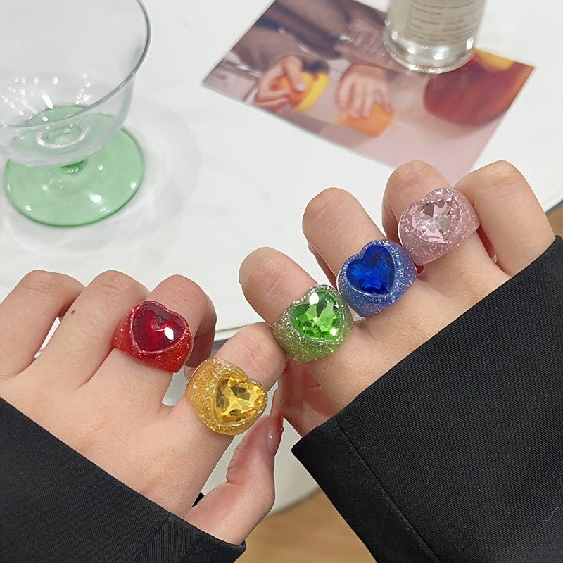 5pc Boho Glitter Heart Resin Ring Set