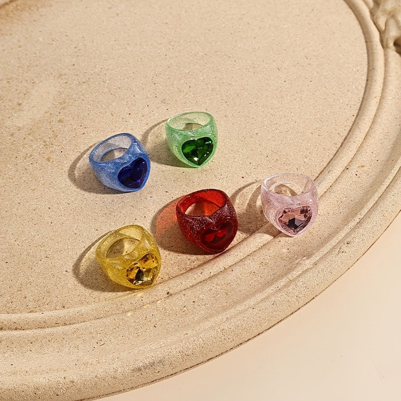 5pc Boho Glitter Heart Resin Ring Set