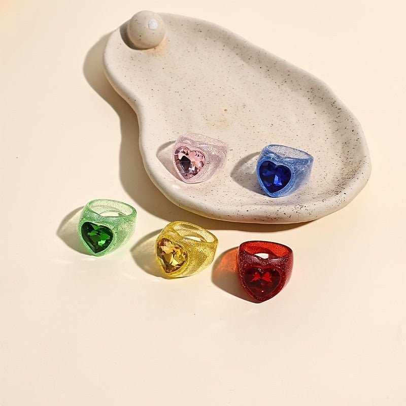 5pc Boho Glitter Heart Resin Ring Set