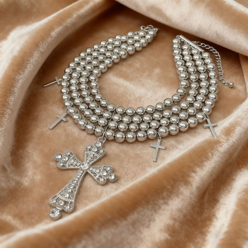 Boho Layered Cross Bead Necklace