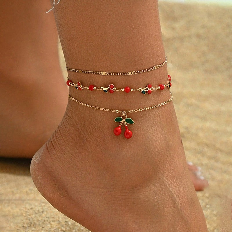 3pc Dainty Cherry Anklet Set