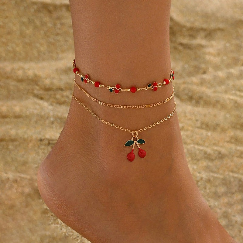 3pc Dainty Cherry Anklet Set