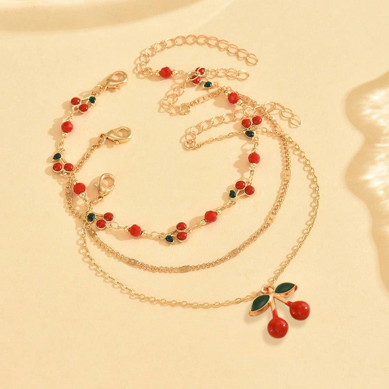 3pc Dainty Cherry Anklet Set