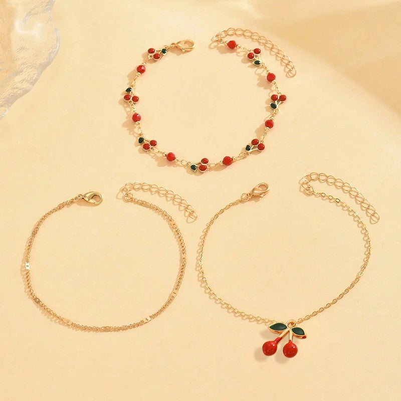 3pc Dainty Cherry Anklet Set