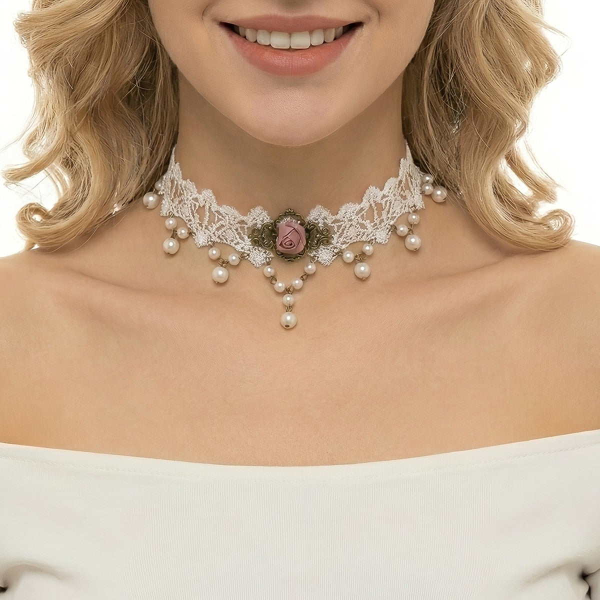Romantic Lace Rose Pearl Choker Necklace