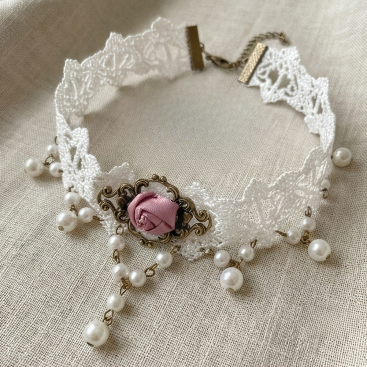Romantic Lace Rose Pearl Choker Necklace