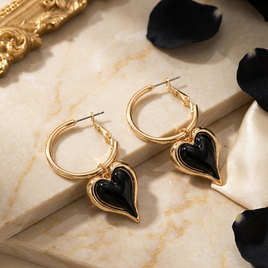 Elegant Black Enamel Heart Hoop Earrings