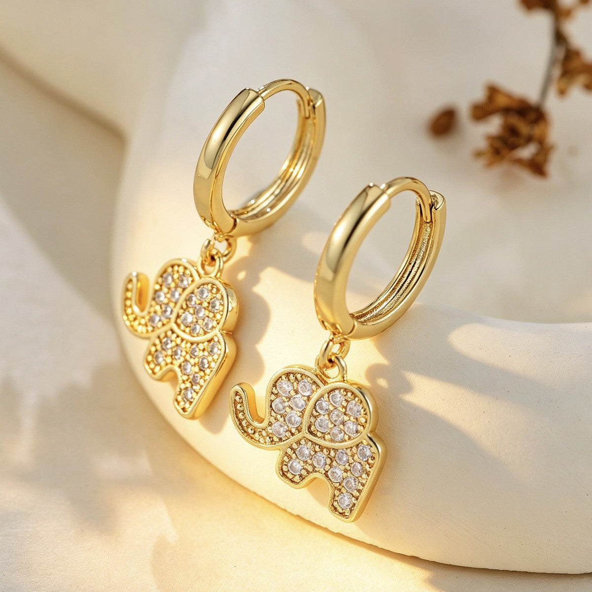 14k Dainty Zircon Elephant Hoop Earrings