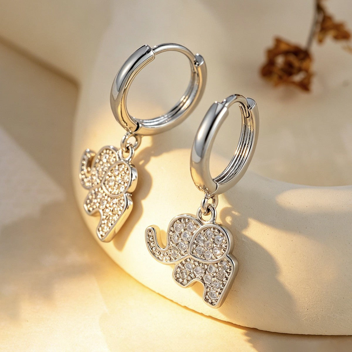 14k Dainty Zircon Elephant Hoop Earrings