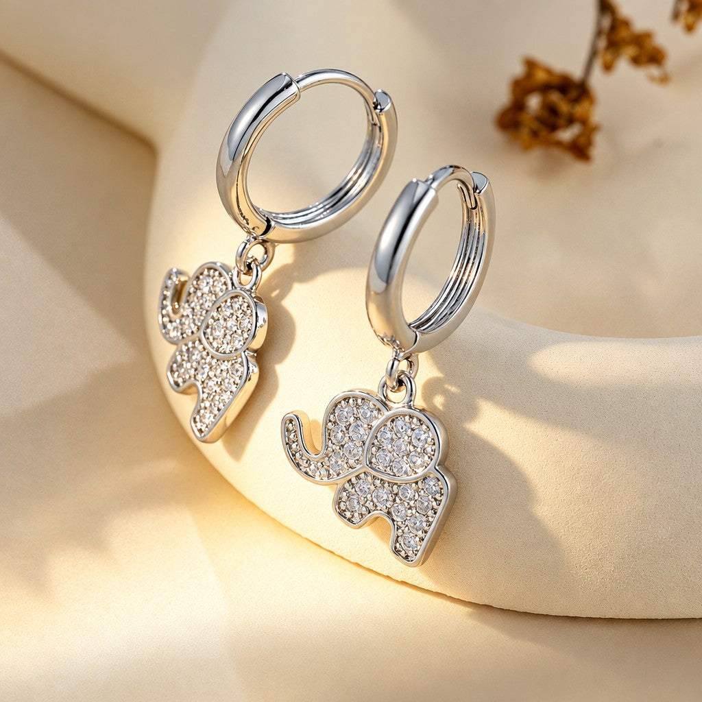 14k Dainty Zircon Elephant Hoop Earrings