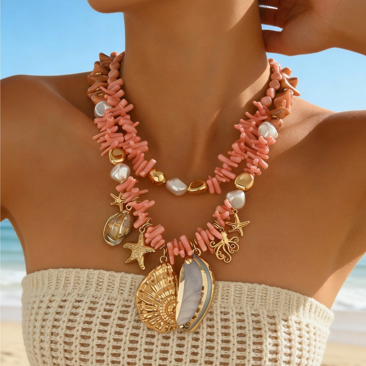 Boho Pink Coral & Shell Layered Necklace