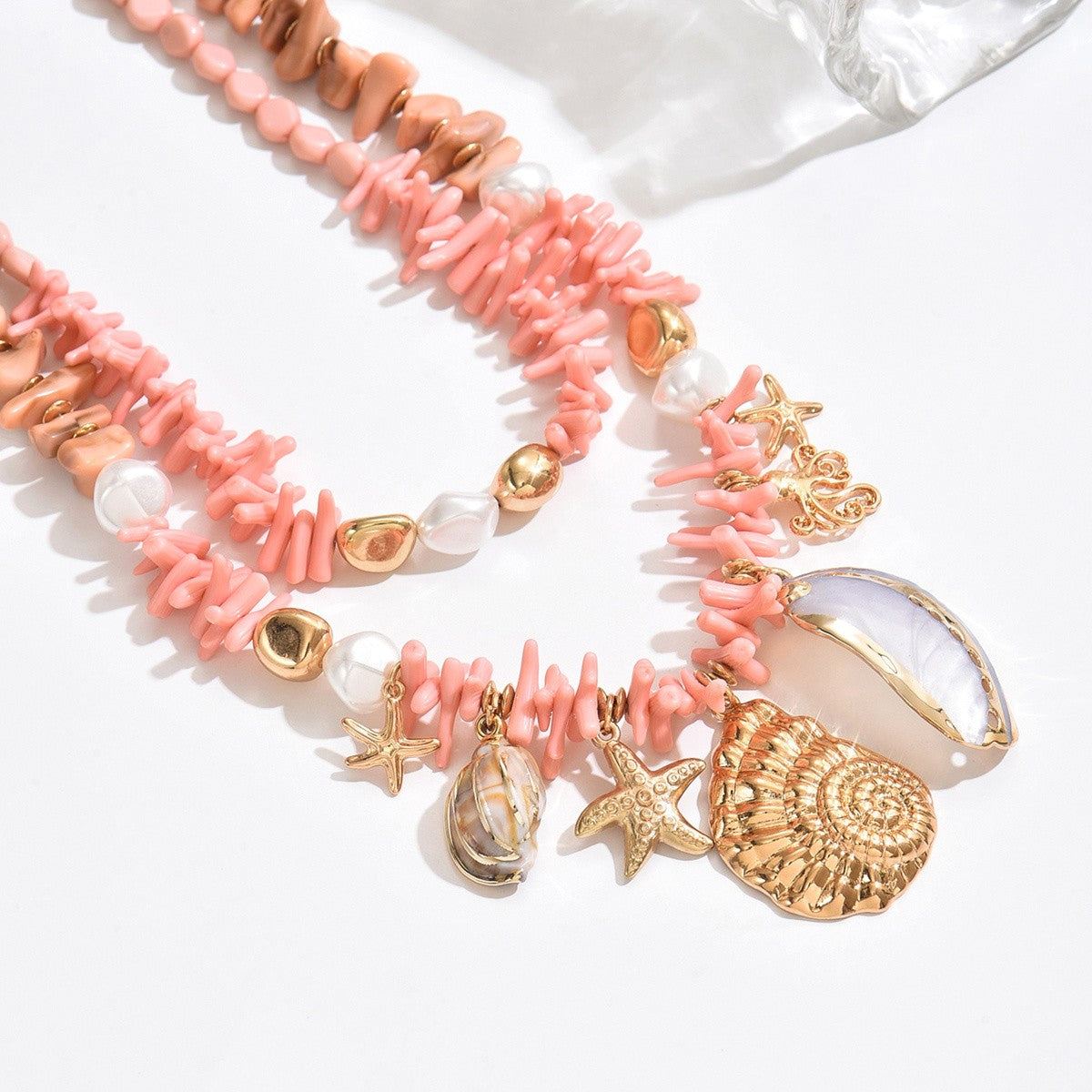 Boho Pink Coral & Shell Layered Necklace