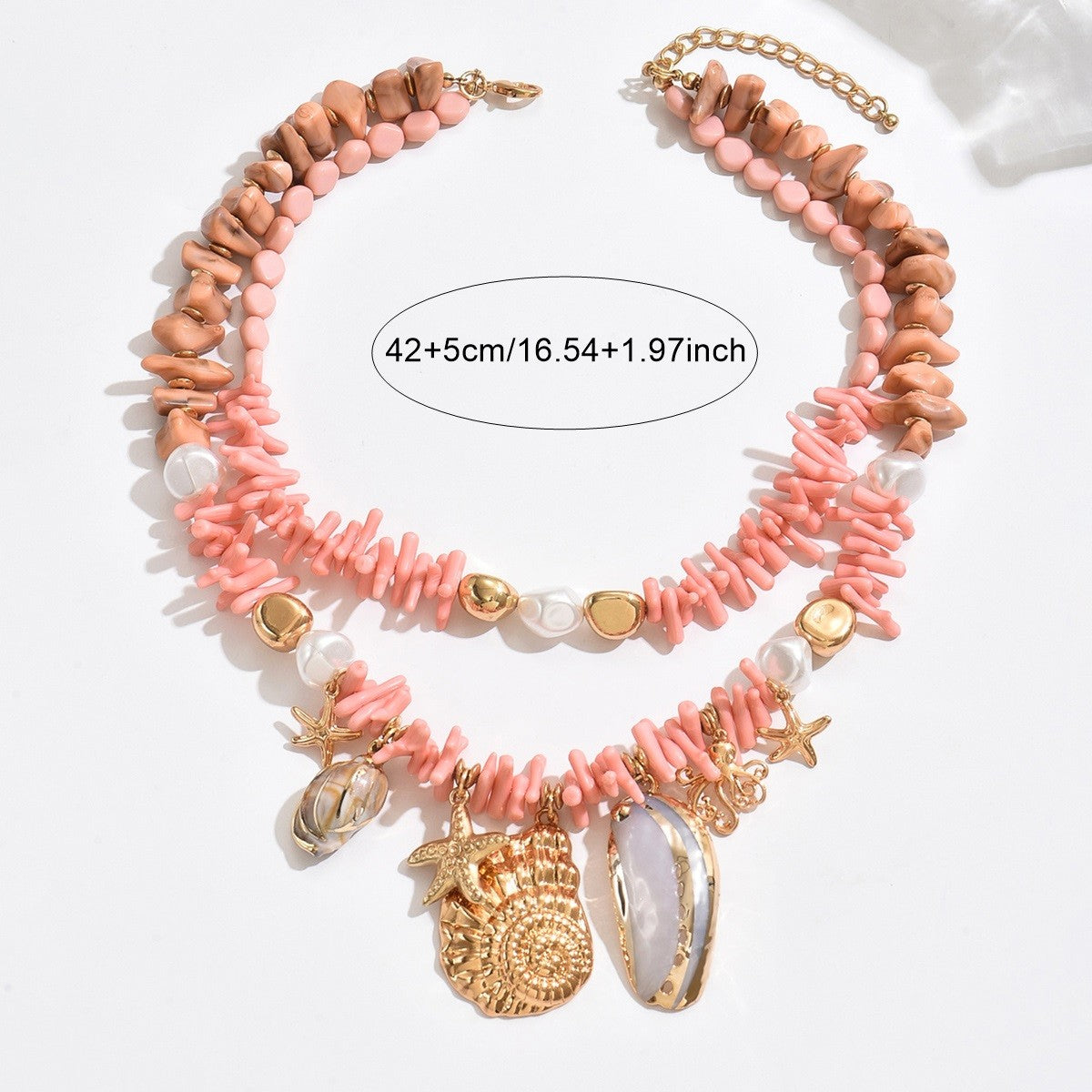 Boho Pink Coral & Shell Layered Necklace