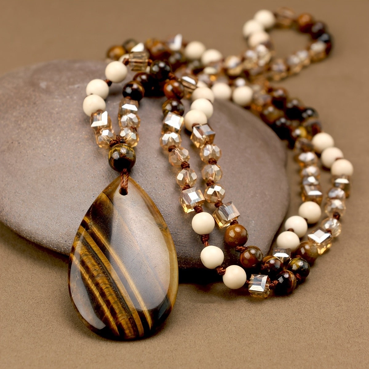 Boho Tiger Eye Teardrop Pendant Necklace