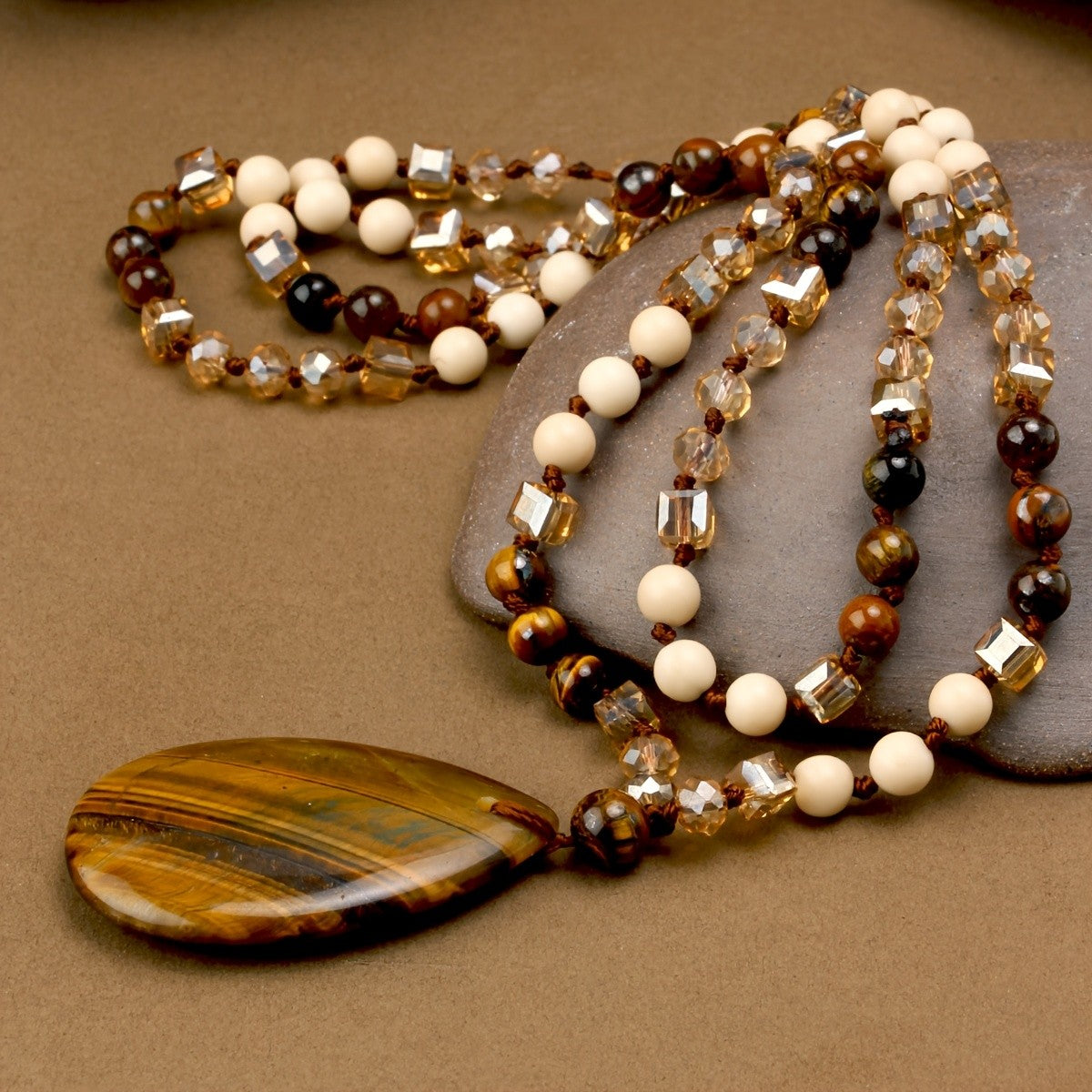 Boho Tiger Eye Teardrop Pendant Necklace