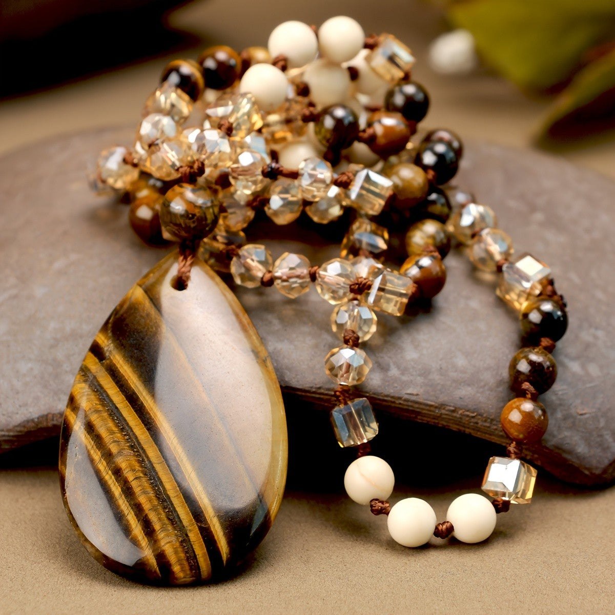Boho Tiger Eye Teardrop Pendant Necklace
