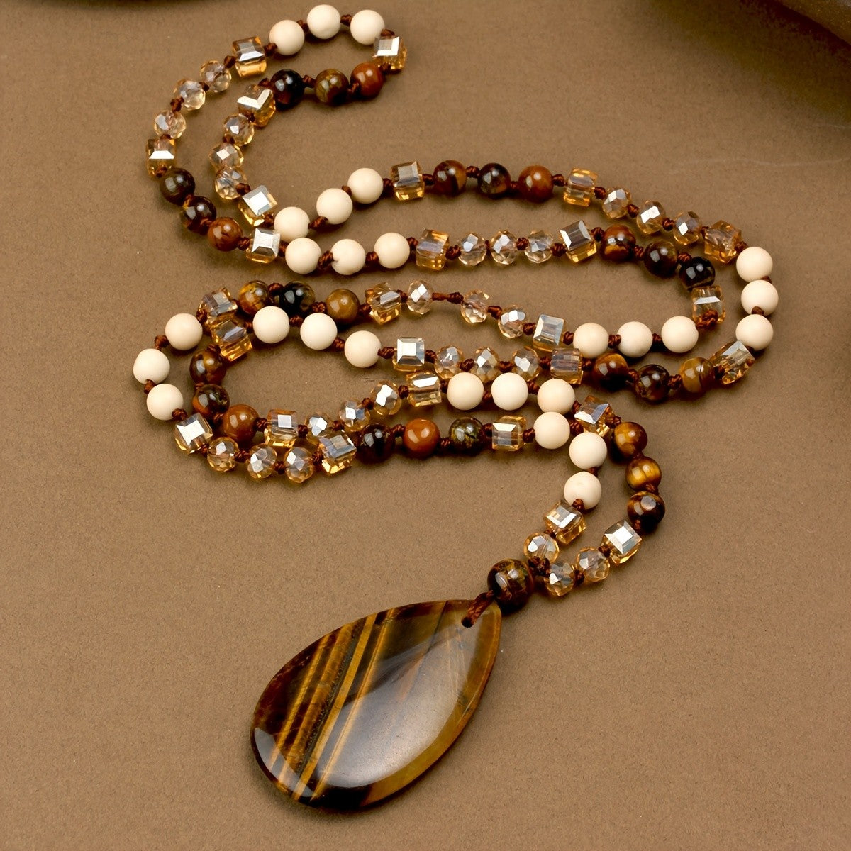 Boho Tiger Eye Teardrop Pendant Necklace