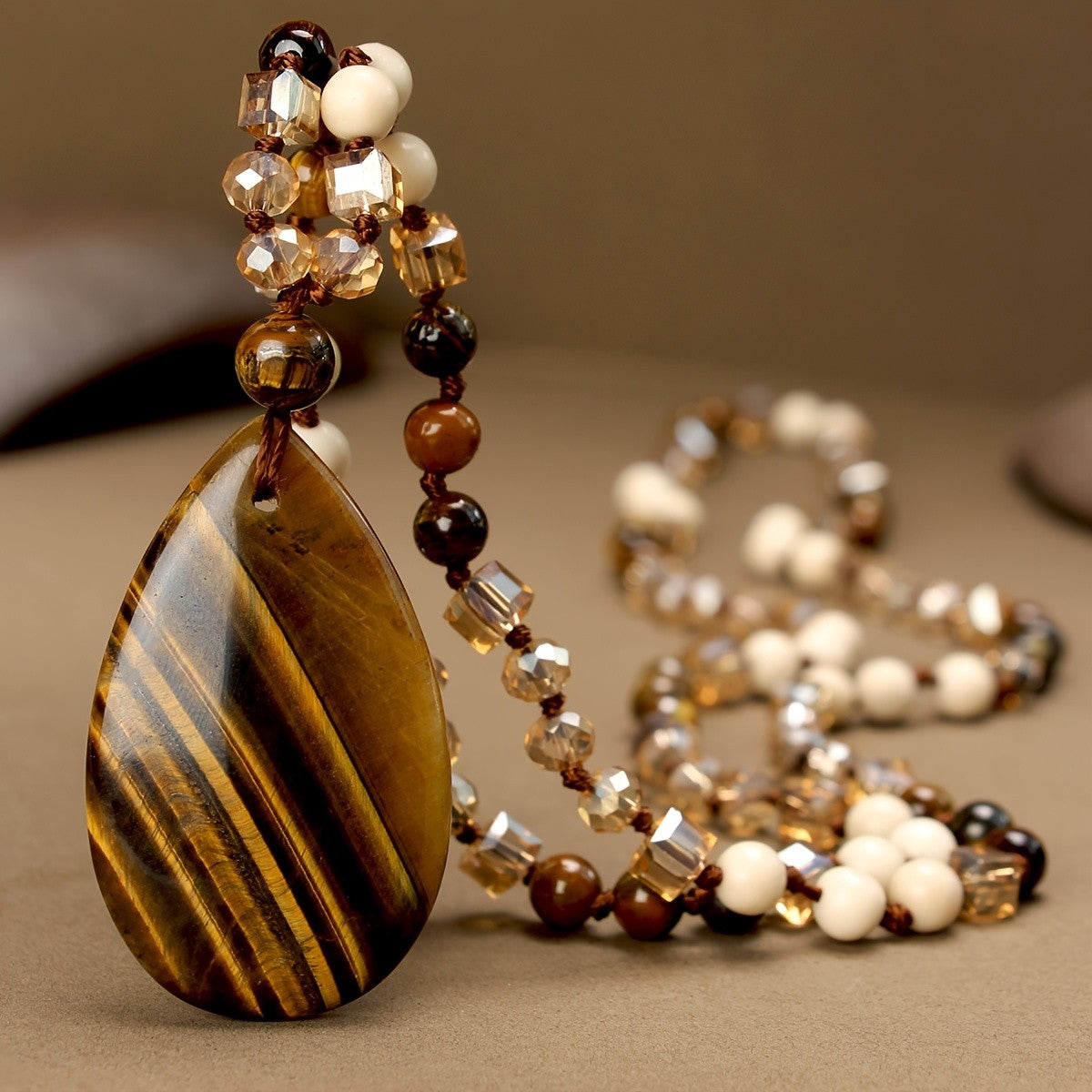 Boho Tiger Eye Teardrop Pendant Necklace