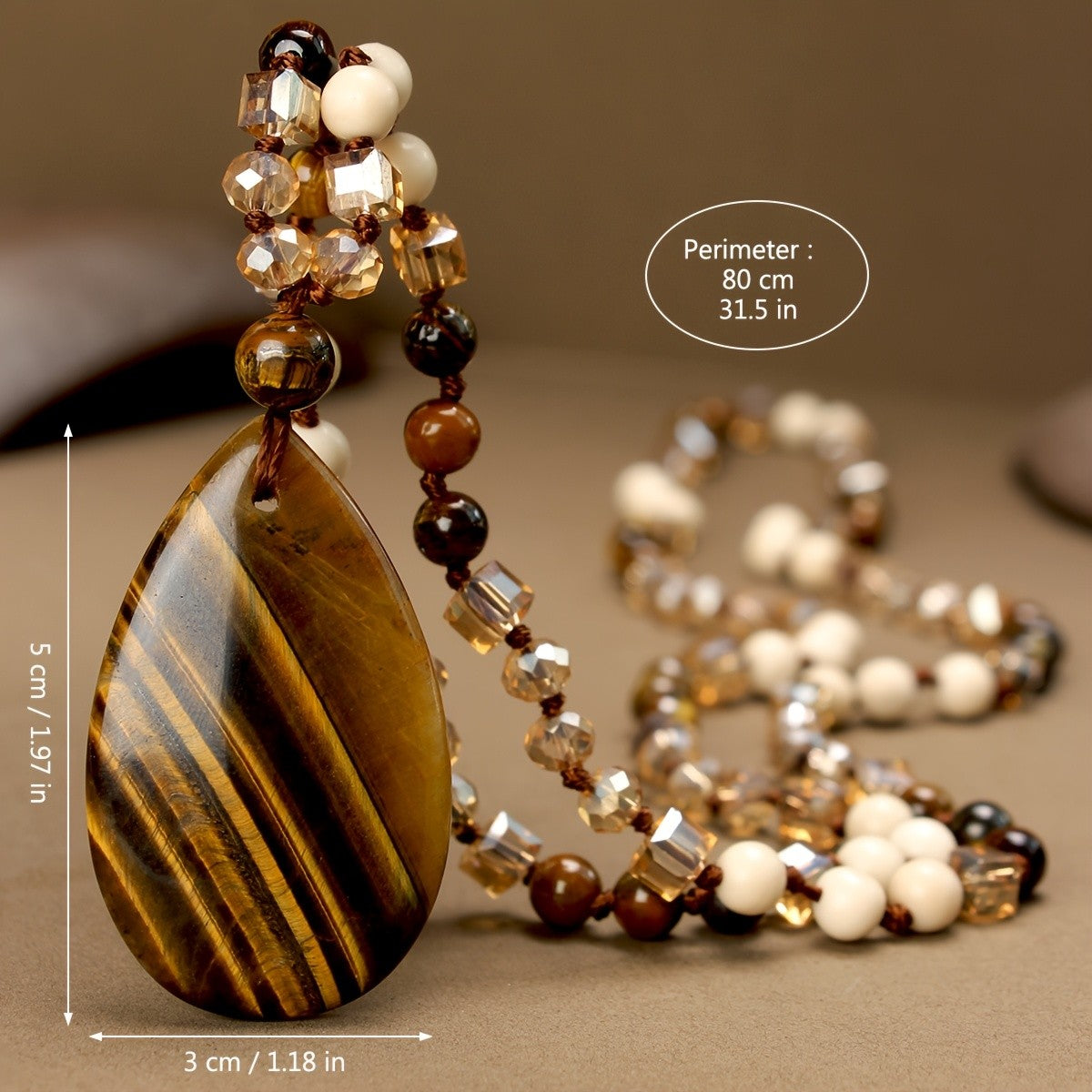Boho Tiger Eye Teardrop Pendant Necklace