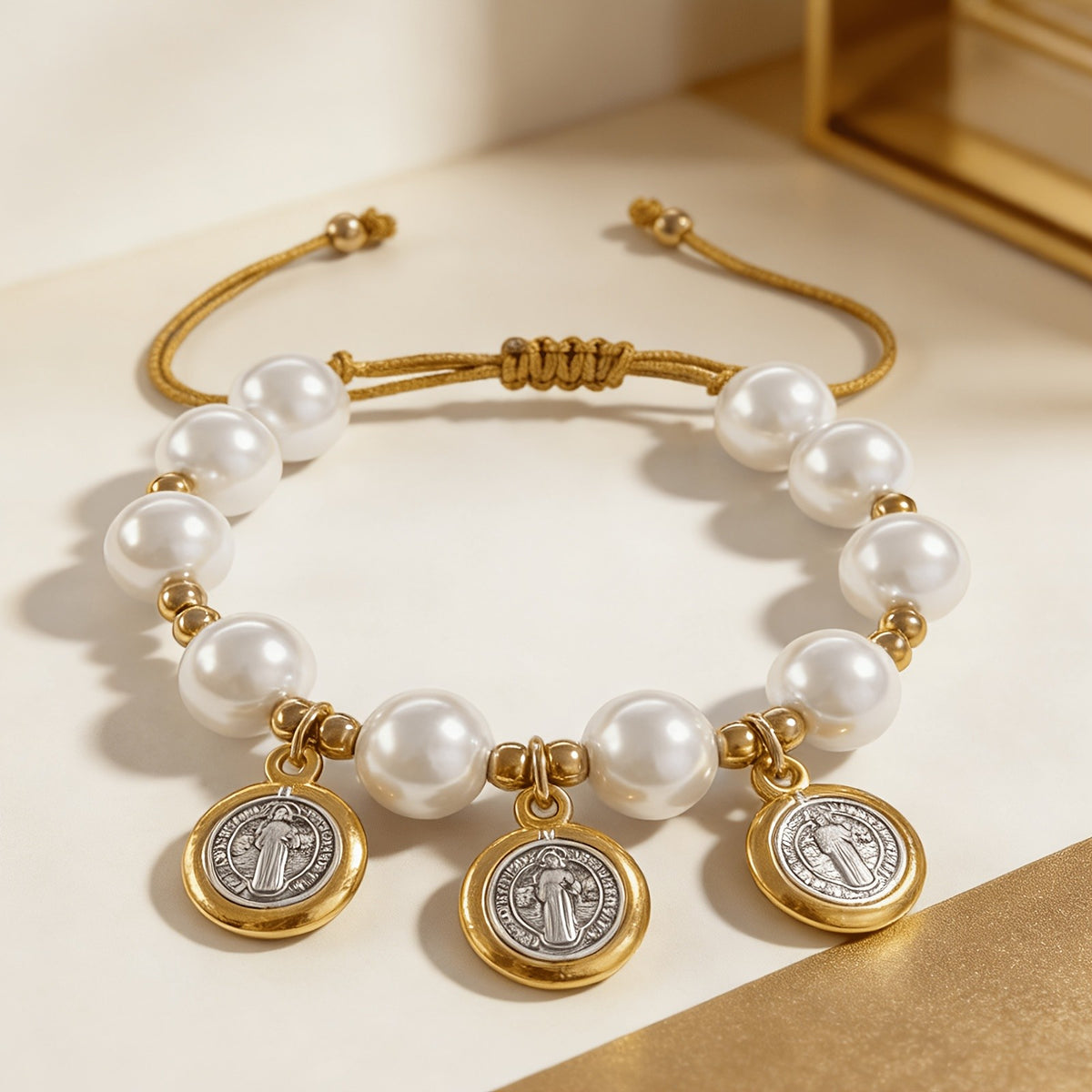 18k Elegant Saint Medal Pearl Bracelet