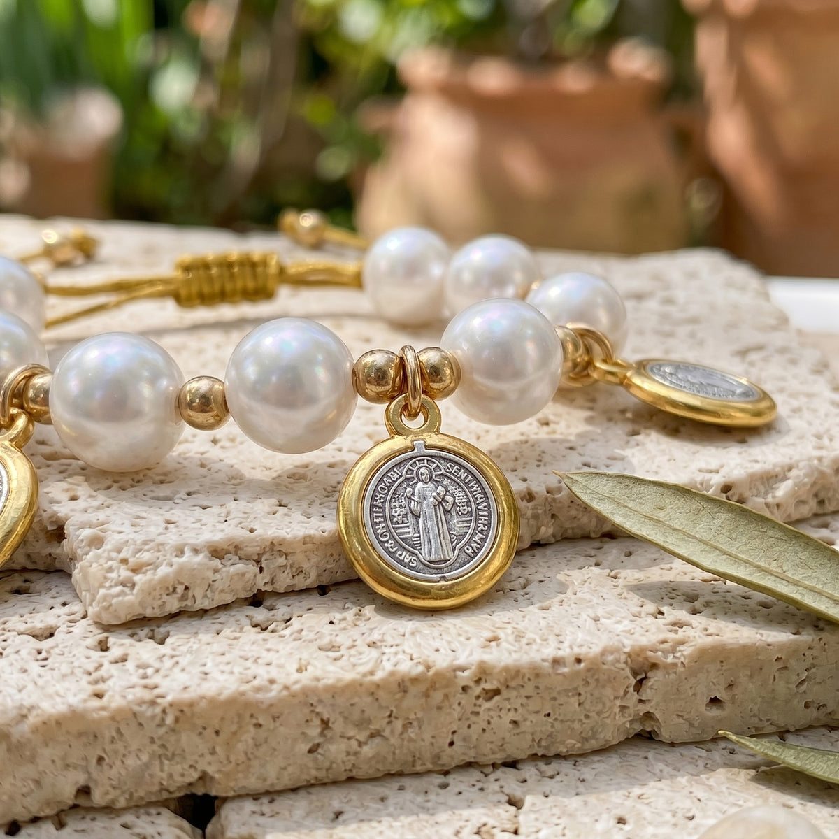 18k Elegant Saint Medal Pearl Bracelet