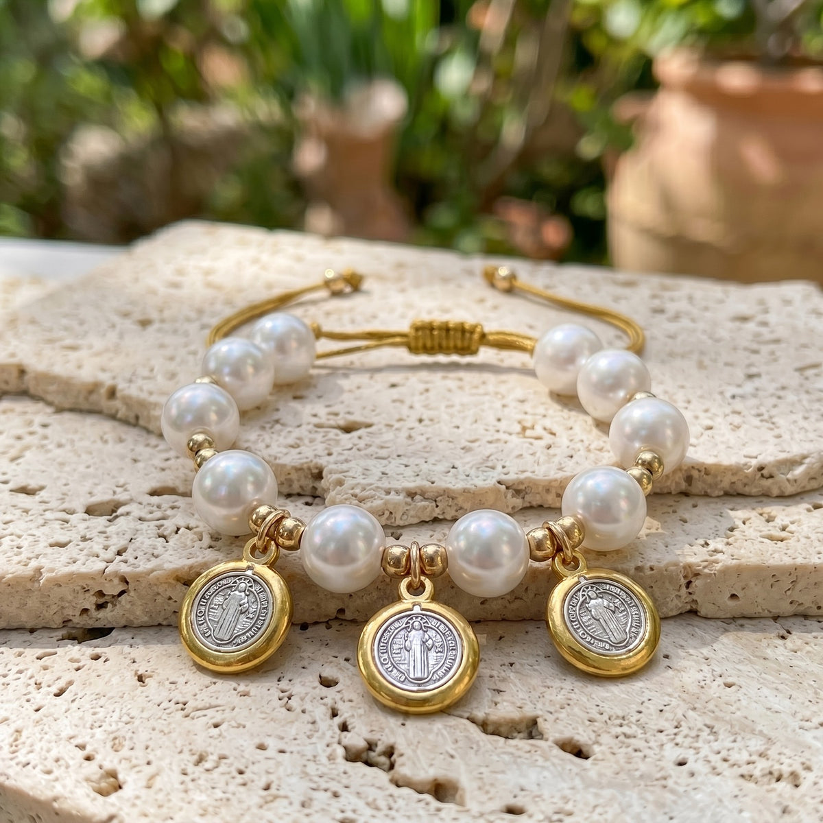 18k Elegant Saint Medal Pearl Bracelet