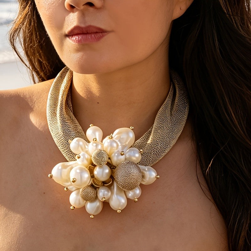 Elegant Faux Pearl Cluster Mesh Choker Necklace