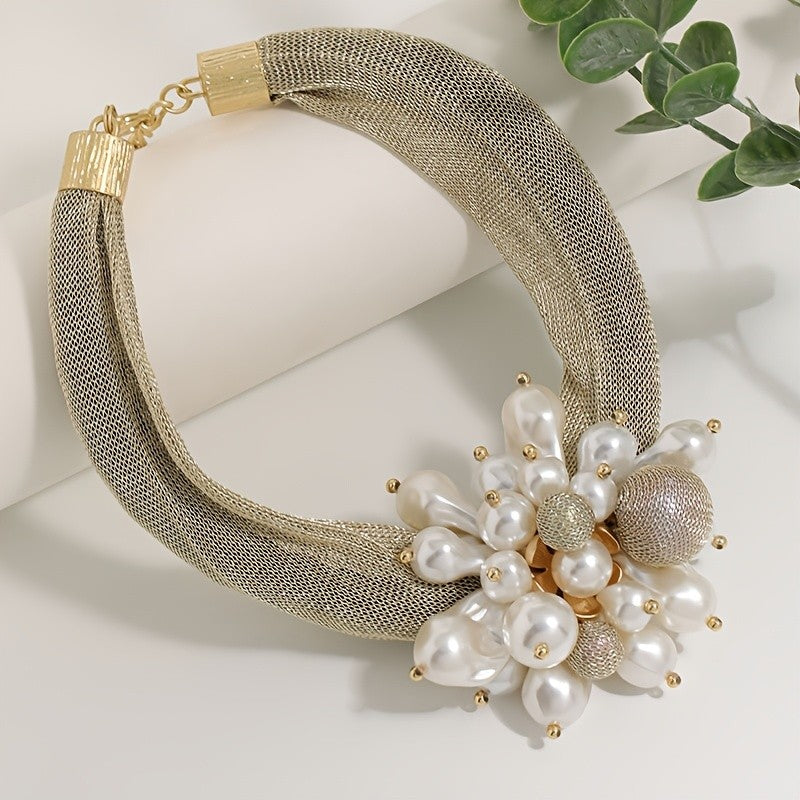 Elegant Faux Pearl Cluster Mesh Choker Necklace