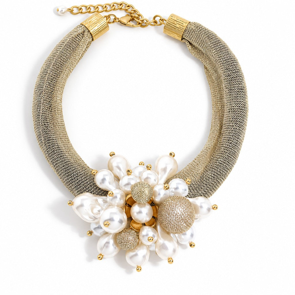 Elegant Faux Pearl Cluster Mesh Choker Necklace