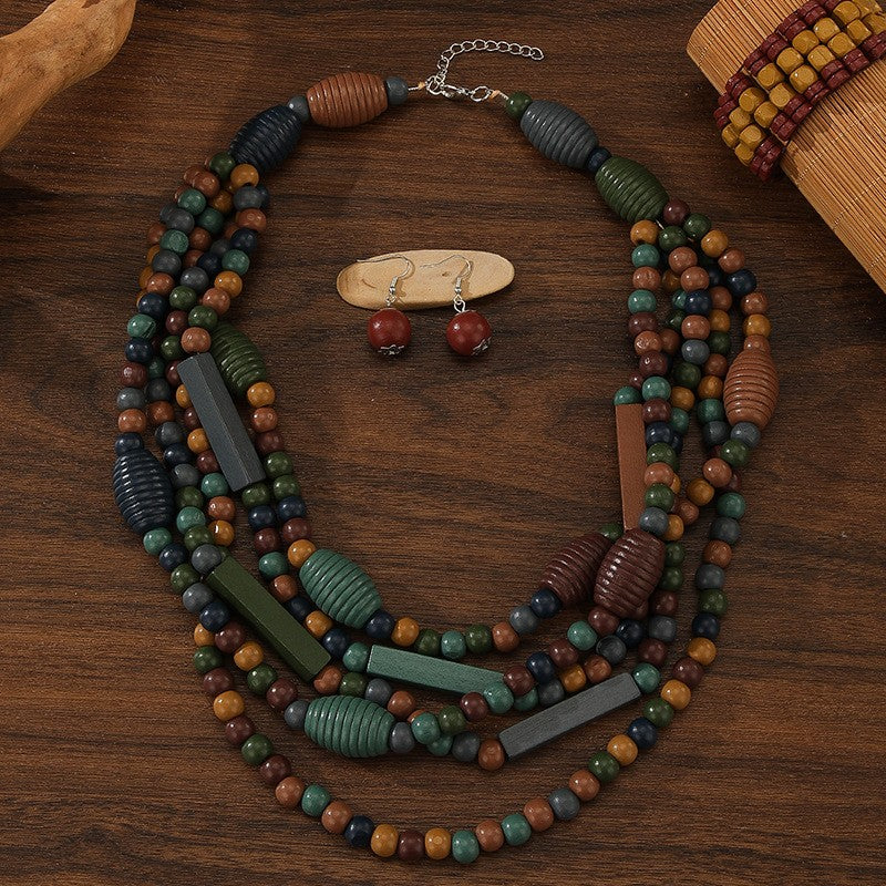 Vintage Boho Wood Bead Necklace, Bracelet & Earring Set