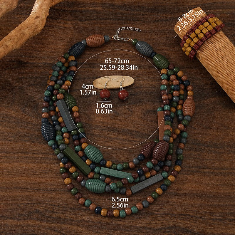 Vintage Boho Wood Bead Necklace, Bracelet & Earring Set