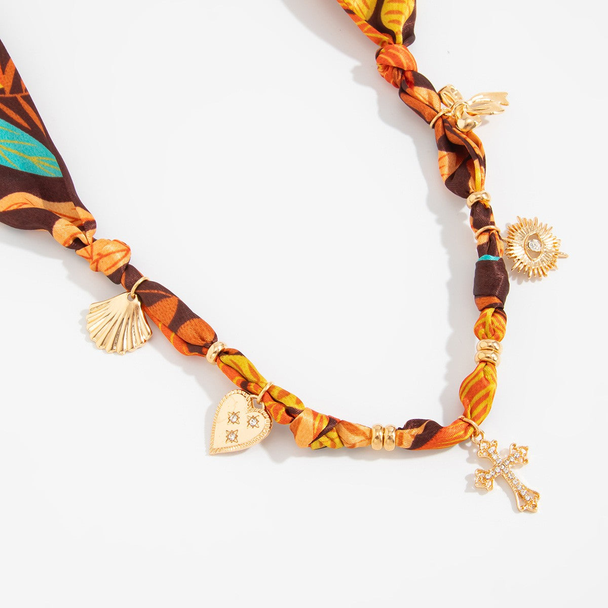Boho Printed Scarf Heart Cross Necklace