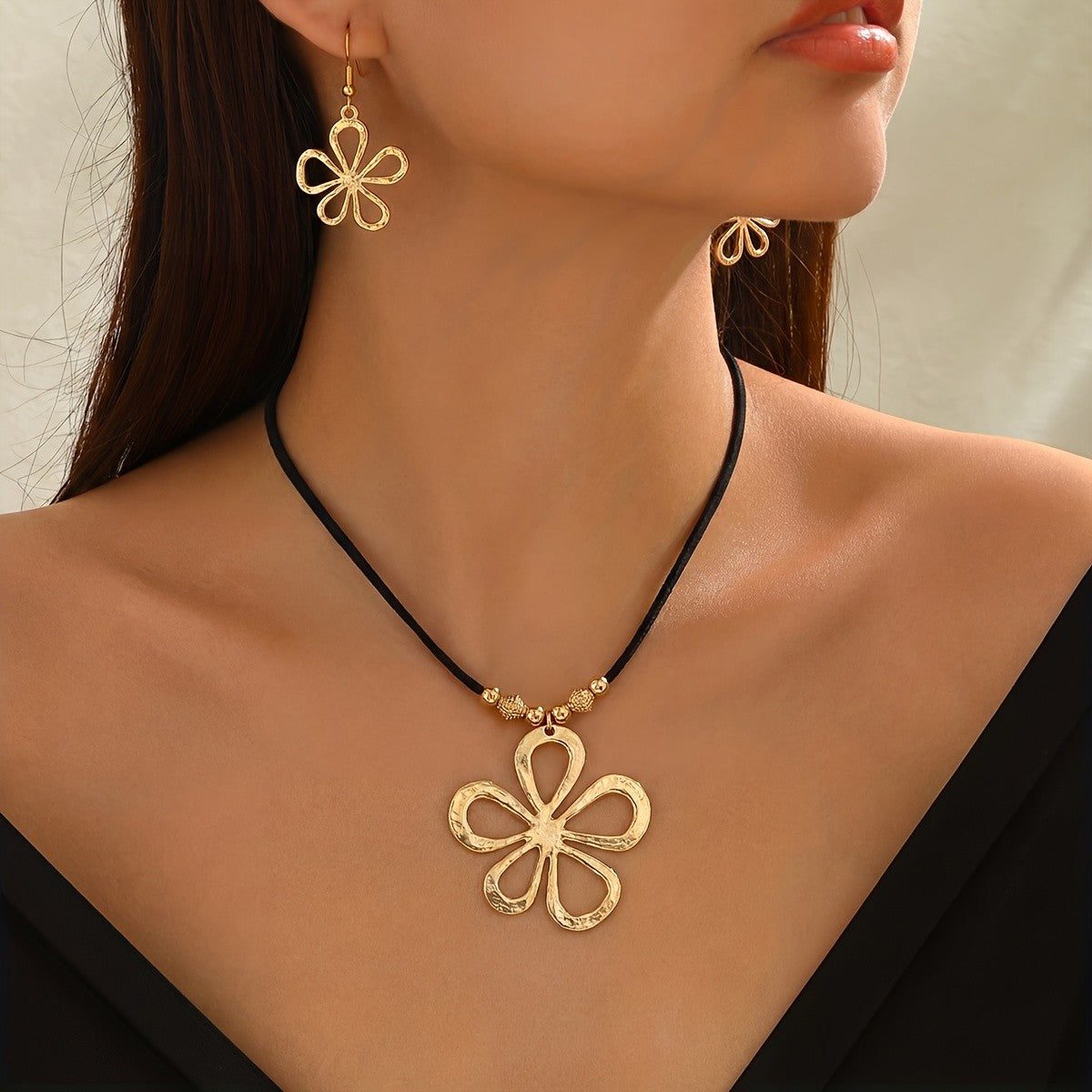 Elegant Hollow Flower Cord Necklace & Earring Set