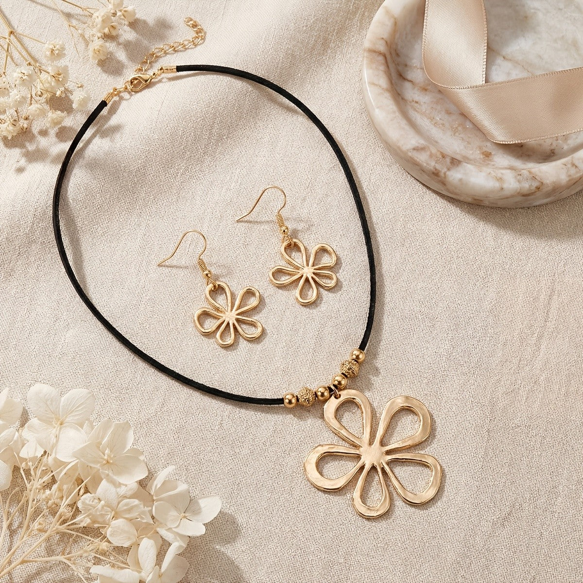 Elegant Hollow Flower Cord Necklace & Earring Set