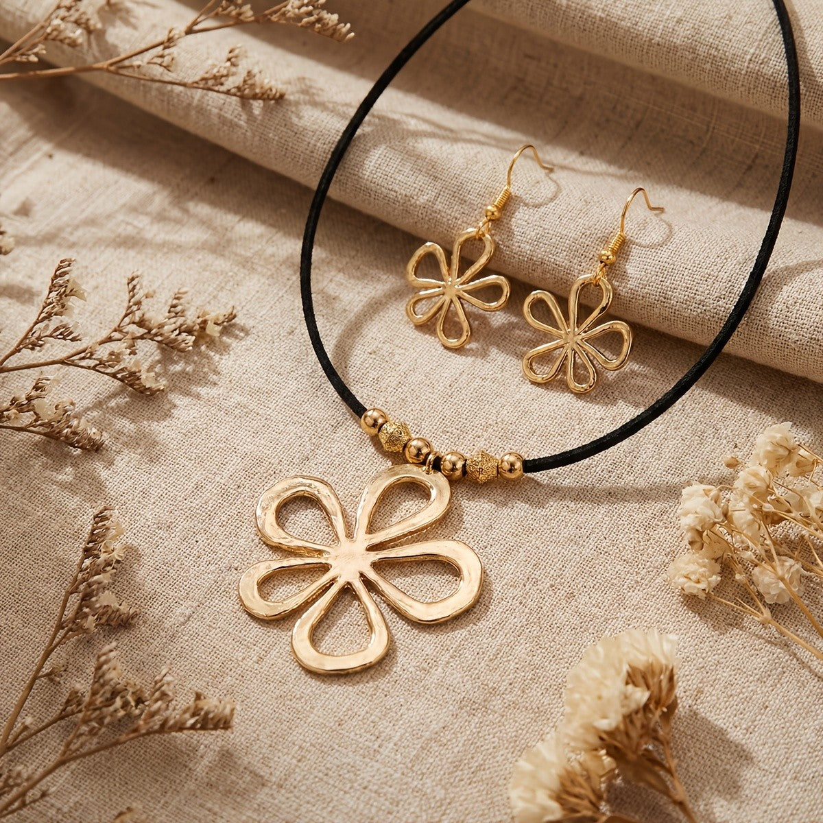 Elegant Hollow Flower Cord Necklace & Earring Set
