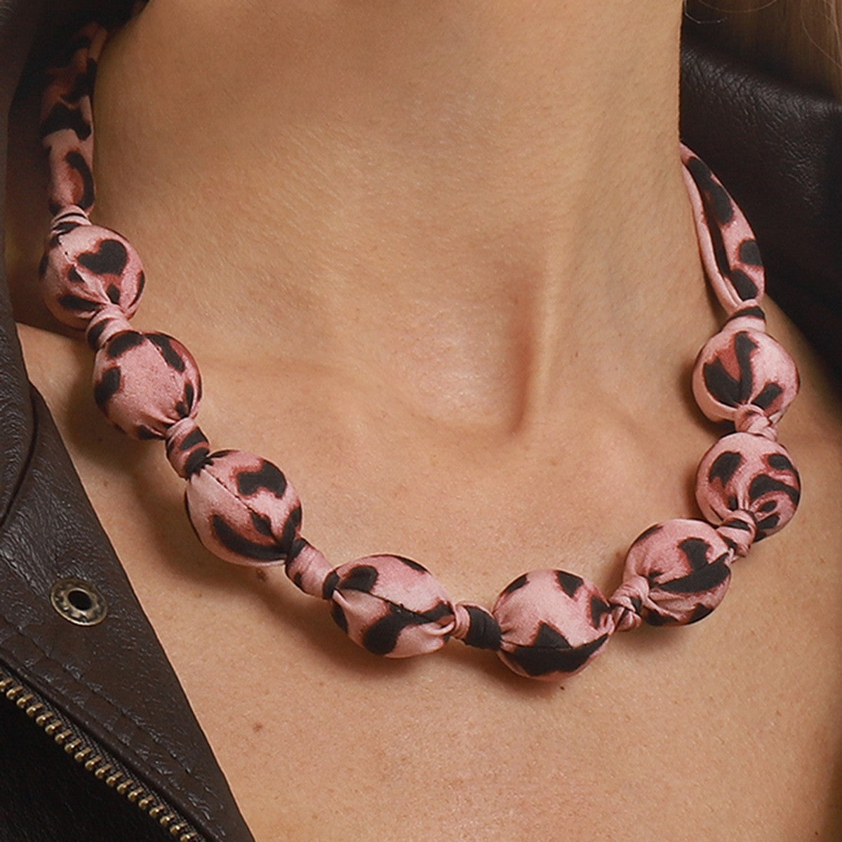 Boho Pink Leopard Ribbon Knot Necklace