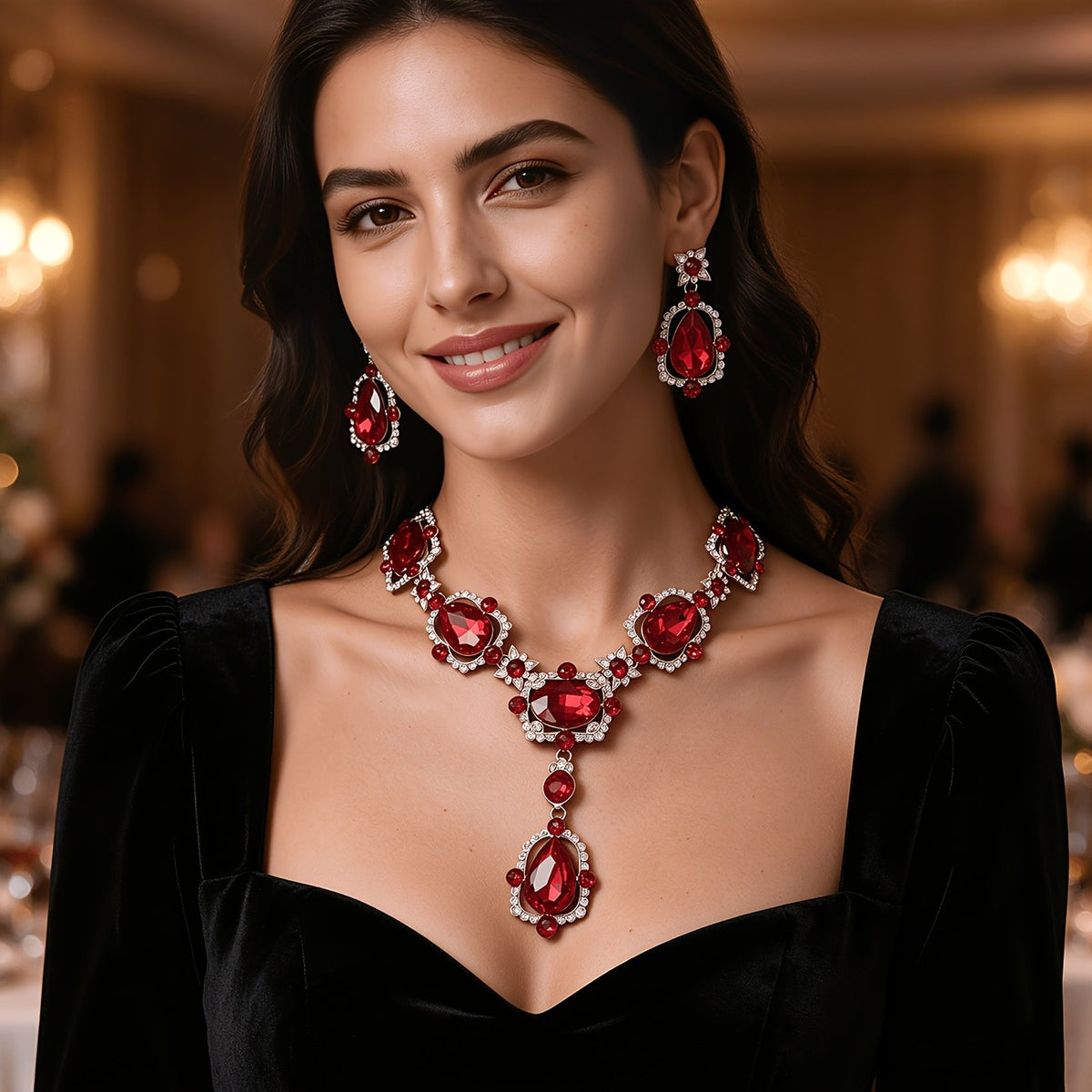 Elegant Red Crystal Necklace & Earring Set
