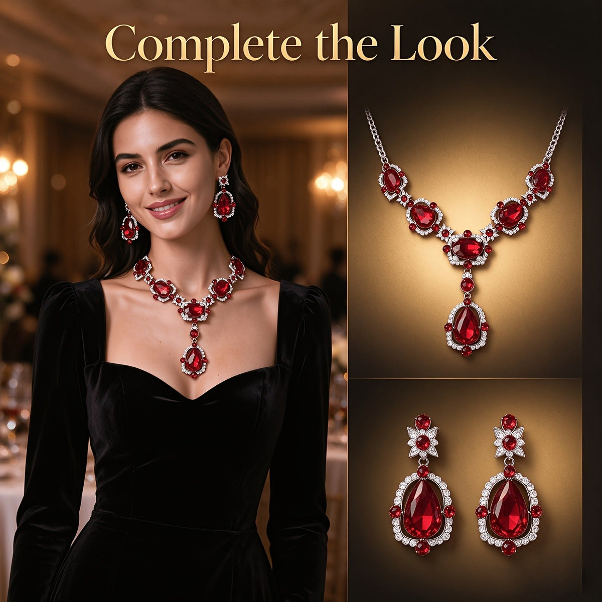 Elegant Red Crystal Necklace & Earring Set