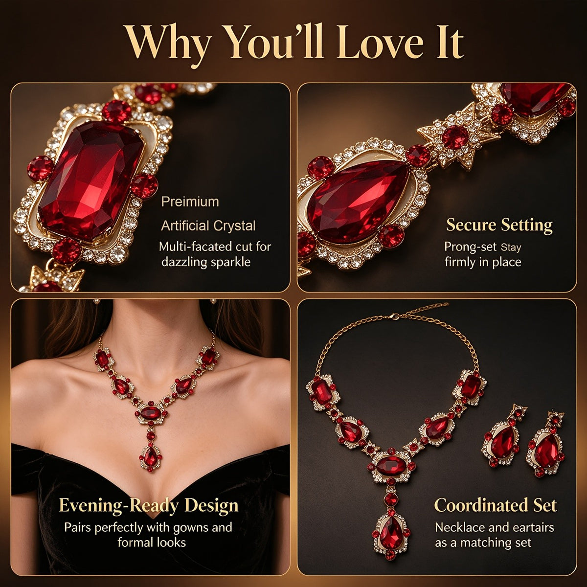 Elegant Red Crystal Necklace & Earring Set