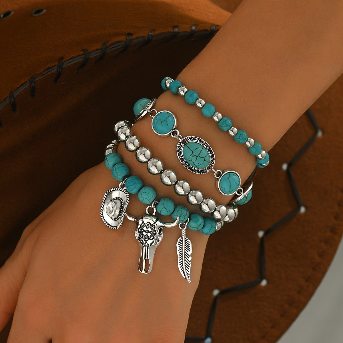Boho Turquoise Bull Skull Bracelet Stack