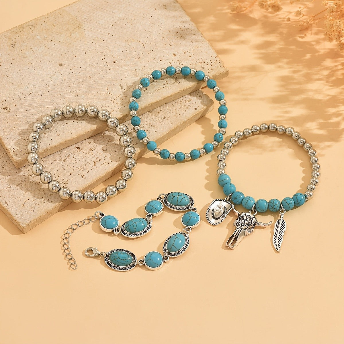 Boho Turquoise Bull Skull Bracelet Stack