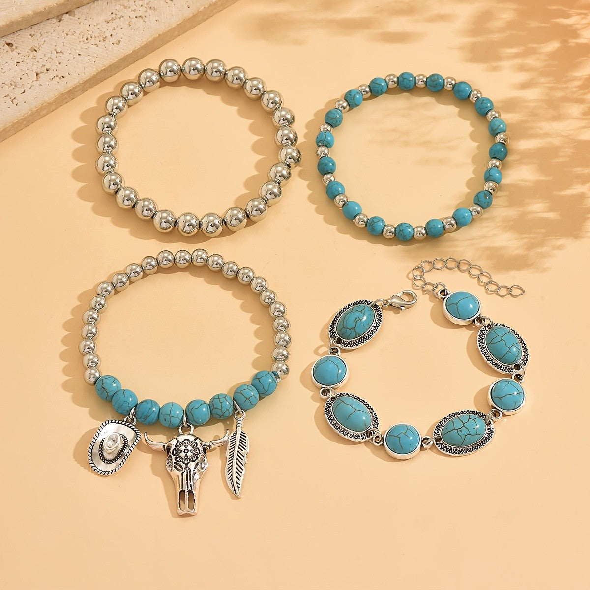 Boho Turquoise Bull Skull Bracelet Stack