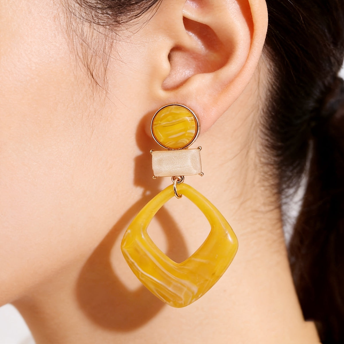 Classy Marbled Yellow Geometric Drop Earrings