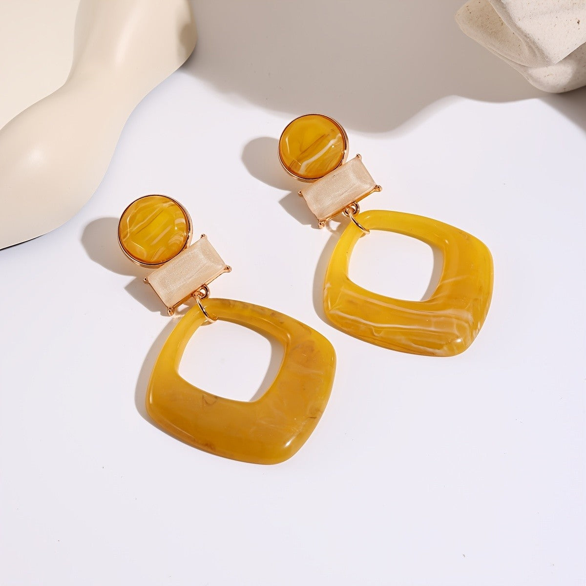 Classy Marbled Yellow Geometric Drop Earrings