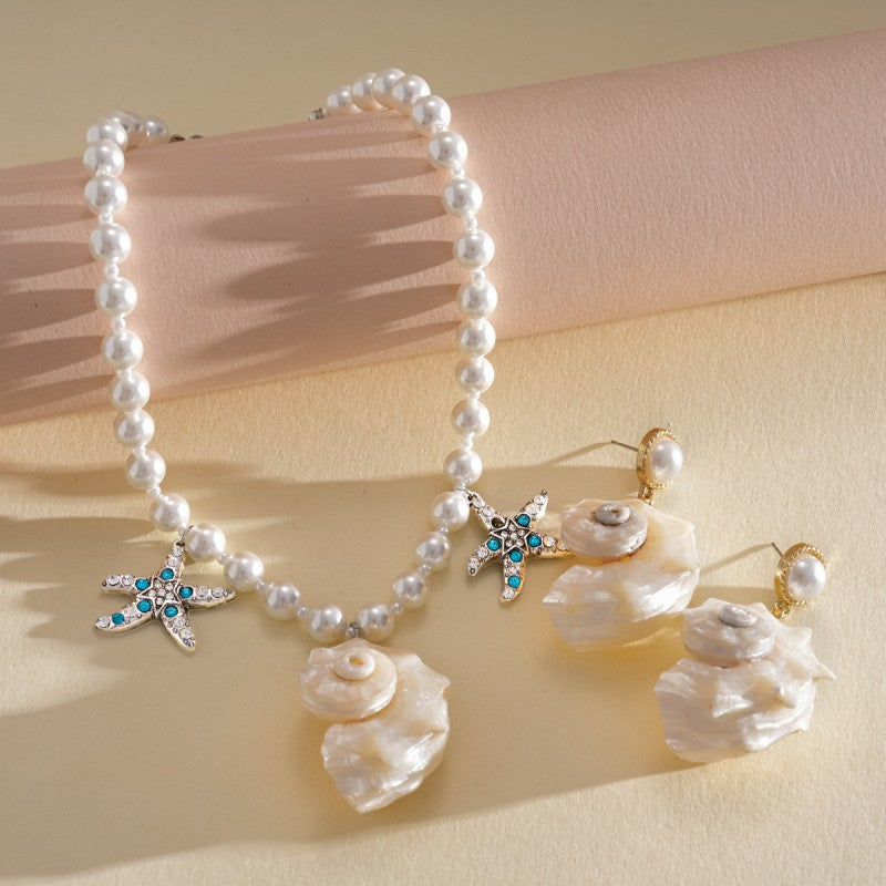 Boho Pearl Starfish Shell Necklace & Earring Set
