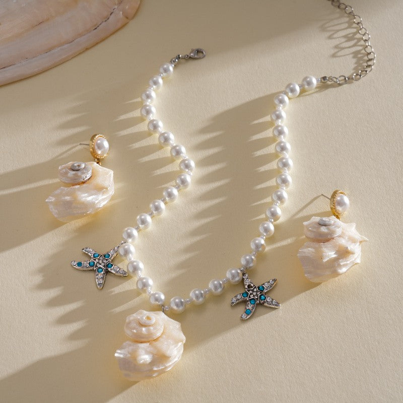 Boho Pearl Starfish Shell Necklace & Earring Set