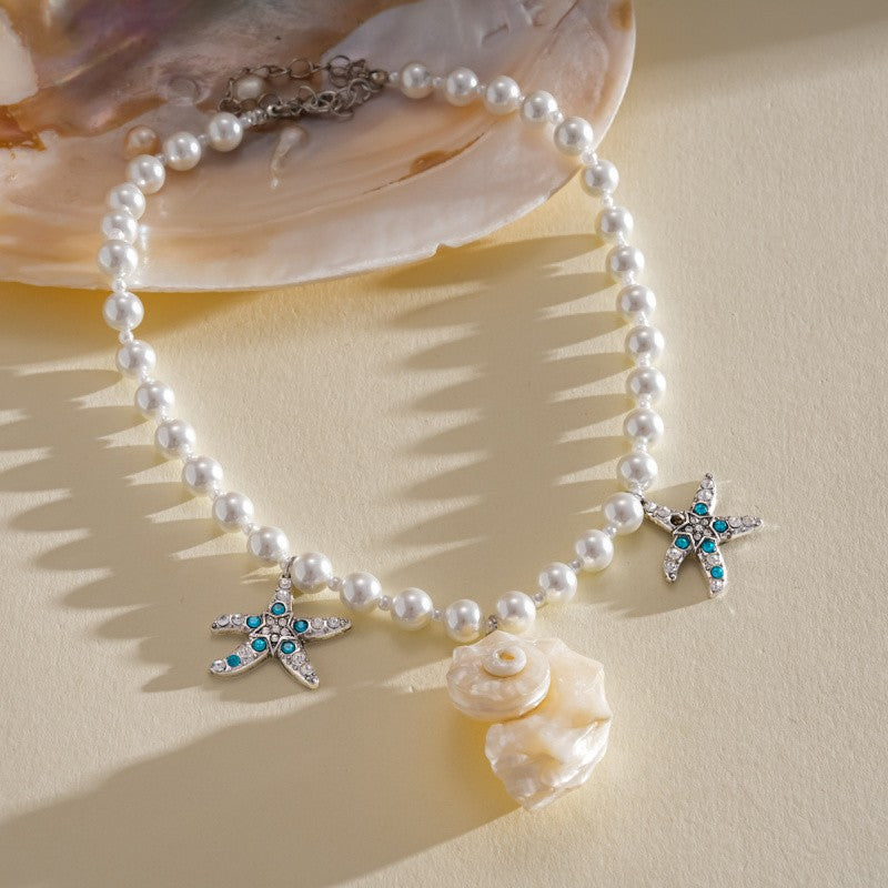Boho Pearl Starfish Shell Necklace & Earring Set